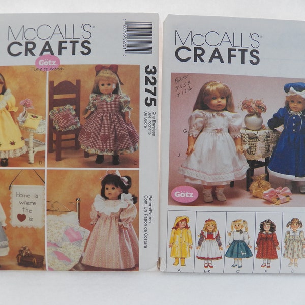 UNCUT McCall's 3275 OR McCall's 8555 Patterns for 18" Doll Clothes and Accessories, Dress, Pinafore, Raincoat, Sweater, Purse, Pillow...