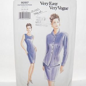 UNCUT Very Easy Very Vogue 9287 Pattern for Close-fitting Lined Sleeveless Dress and Loose-fitting LS Jacket, shaped hemline, Sizes 14 16 18