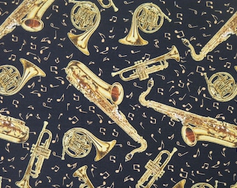 Timeless Treasures MUSIC-CM3238 Cotton Fabric, metallic accented golden horns saxophones trumpets.., musical notes