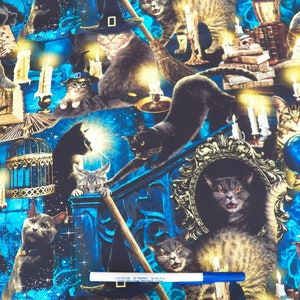 Halloween Spooky Mystical Cat Fabric from Timeless Treasures Item #CAT-CD8644, Melting Candles/Skulls/Books/Glowing Orbs with Cats Fabric