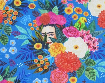 Dear Stella 100% Cotton Fabric DMB2864 Cobalt, Floral Frida Miriam BOS Fabric, Flowers Parrots Butterflies, Mexican themed fabric