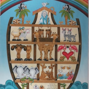 May include: A colorful illustration of Noah's Ark, featuring pairs of animals like giraffes, zebras, and elephants. A rainbow arches across a blue sky with fluffy clouds. The text "Two by Two the animals came, to enter the ark before the big rain" is visible.