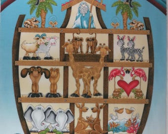 Panel de algodón "Two by Two" de Henry Glass Fabrics, patrón n.° 1762P-11, Arca de Noé con arcoíris y animales: elefantes, monos, leones y cebras.