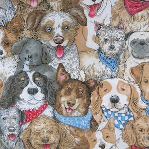 May include: A fabric pattern featuring a variety of dog breeds, each with unique markings and expressions. Many dogs are wearing bandanas in shades of blue and red. The dogs' fur colors range from brown and tan to black and white.