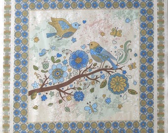 Nature Walk Blue Cotton Fabric 24"x43" Panel "Bird Song" designed by Pat Sloan for Benartex, Pastel Flowers Birds Branches, Style 13500