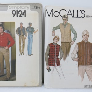May include: Two vintage sewing pattern envelopes. The Simplicity pattern, size 36, features a man in a red shirt and tan pants. The McCall's pattern, size small, shows vests and a beanie. Both patterns are for men's clothing.