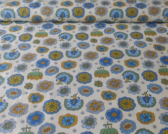Bird Song Cotton Fabric designed by Pat Sloan for Benartex, Blue/Gold/Green Flowers on a Cream Background, Style 13502