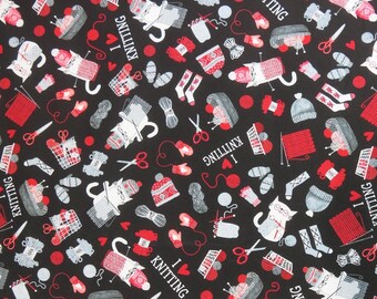 Timeless Treasures cotton fabric Knitting Cats and Yarn, Item #GAIL-CD1657. I heart Knitting, baskets of yarn, knitted gloves...