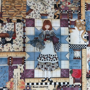 May include: Fabric with a patchwork design featuring a central illustration of a woman holding sewing supplies. The background includes spools of thread, scissors, and measuring tapes in shades of blue, purple, and beige. Text includes "Hand crafted from meow to you" and "From my hands to your heart."