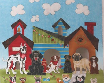 Cotton Fabric Panel "Home is Where the Dog Is II" by Leanne Anderson and Kaytlyn Kuebler for Henry Glass Fabrics, Doghouses with many Dogs
