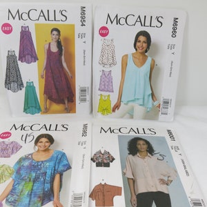 Choice of 4 McCalls Patterns - M6960 Hi-Low Tops,  M6954 Hi-Low Dresses,  M6962 Pullover Top or M8001  Button Front Top, Sizes Xsm Sm Med