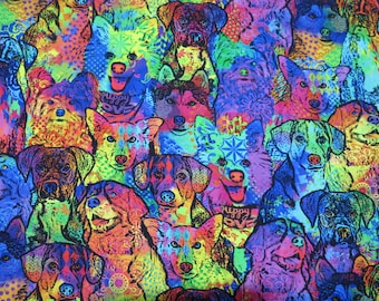 Tissu en coton à motif arc-en-ciel néon de visages de chiens, par Timeless Treasures, modèle n° DOG-CD4363, différentes races de chiens aux couleurs vives
