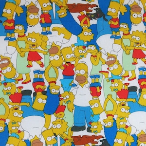 May include: A fabric pattern featuring a repeating design of the Simpson family. The characters are depicted in their signature yellow skin tones, with Homer, Marge, Bart, Lisa, and Maggie in various poses, set against a white background.