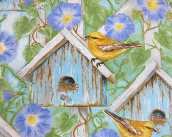 Henry Glass Cotton Fabric "Hydrangea Birdsong", Yellow Birds, Morning Glory Vines, and Birdhouses, Jane Shasky design