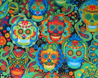 Floral Sugar Skulls Cotton Fabric from Timeless Treasures, Item #FUN-C7378, Sold by the Yard, Colorful Flowery Skulls