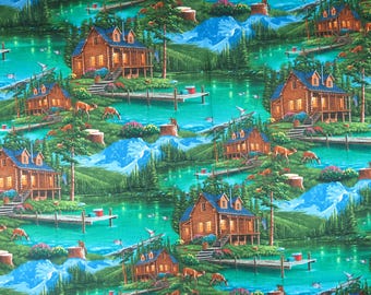 David Textiles « Harmony » Lake Life Mountain-side Log Cabin Tissu en coton conçu par Geno Peoples/Art Licensing, Great Outdoors Log Cabins