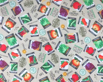 Tissu en coton avec graines de légumes, design délicieux certifié