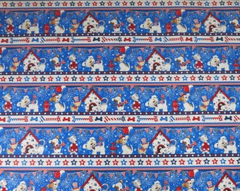 Tela con perritos patrióticos, Victoria Hutto/Studio E, tela con rayas y bordes, bocas de incendio, casetas para perros, huesos, estrellas, pancartas, sombreros, cachorros, perros