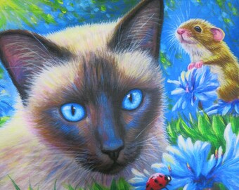 David Textiles "Cat and the Ladybug" Cotton Fabric Panel 35" x 44" design by Bridget Voth