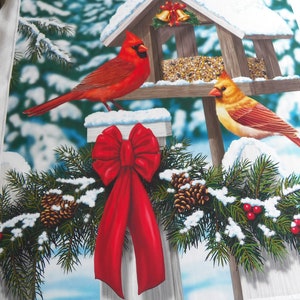 Fabric Panel of Snow-Covered Bird Feeder with Pine Boughs and two Birds, designed by Crista Forest for David Textiles, 35&quot; x 42&quot;, Cardinal