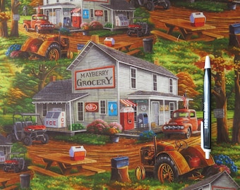 Vintage Mayberry Grocery Cotton Fabric, Old-Fashioned Country Store Scene, Tractor, Red Truck, Picnic Tables, Dirt Roads, Golden Sunset Glow