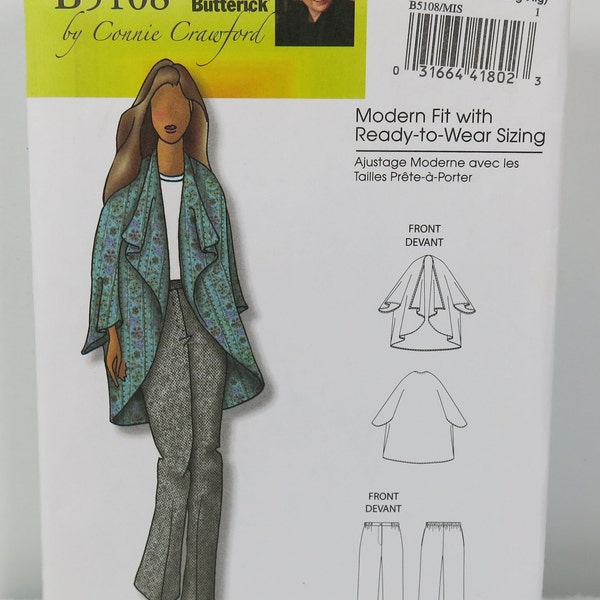 UNCUT Butterick V5108 Pattern by Connie Crawford, Draped Jacket, Straight Legged Pants, Side Seam Pockets, Xsmall - Small - Med - Lg - XLg