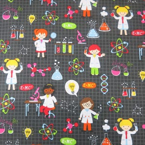 May include: Fabric with a repeating pattern of cartoon scientists, lab equipment, and scientific symbols on a dark gray grid background. The scientists are wearing lab coats and holding beakers. The text "E=MC²" is also present.