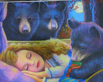 David Textiles "Goldilocks" and the 3 Bears Cotton Fabric Panel 35" x 44" designed by Bridget Voth