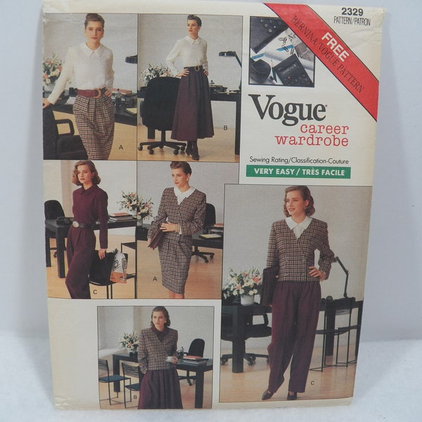 UNCUT Vogue Career Wardrobe Pattern 2329 of Lined Jacket, Long Sleeve Pullover Blouse, Pants and Tapered or Flared Skirt, Sizes 18 20 22