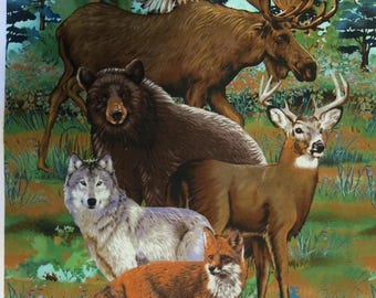 Panel de tela de algodón Studio E "Woodland Wonders", 23" x 44", águila, oso, alce, lobo, zorro, mapache...