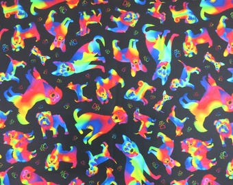 Neon Rainbow Dogs Cotton Fabric by Timeless Treasures Pattern #DOG-CD8806, Different Dog Breeds and Paw Outlines in Bright Colors