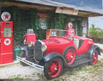 Rt 66 Joplin Fabric Panel 36"x44" cotton fabric panel, Texaco Firestone Fire Chief Roadside Gas Station, Drink Coca-Cola clock...