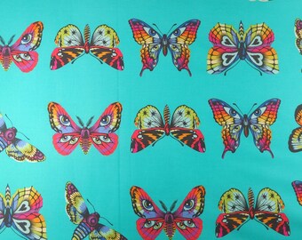 Free Spirit Tula Pink "Daydreamer" Butterfly Hugs Cotton Fabric, Butterflies Decorated with Eyes, Hearts, Stars, Item # PWTP171.LAGOON