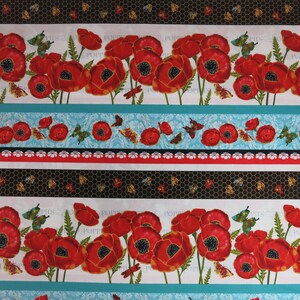 May include: Fabric with a repeating pattern of red poppies, butterflies, and dragonflies. The design includes stripes of white, turquoise, red, and a honeycomb pattern with bees. The word "POPPY" is visible in the design.