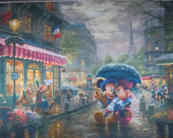 Panel de tela de Minnie y Mickey en París, Thomas Kinkade, 86 x 109 cm