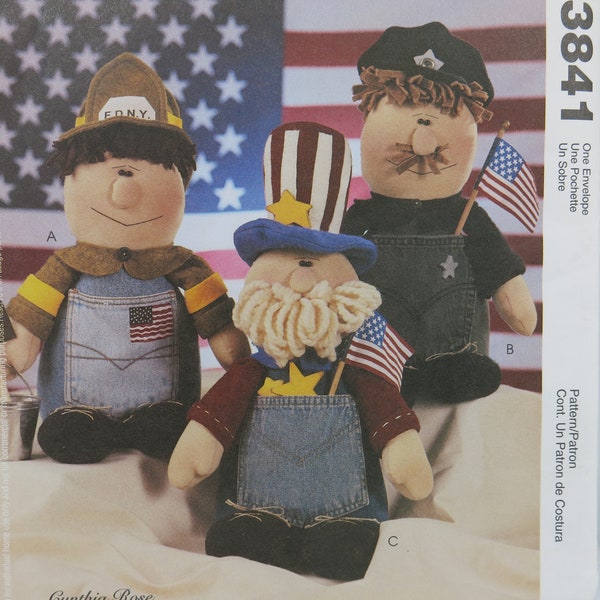 UNCUT McCall's Crafts 3841 Pattern, 17" Jeans Pocket Dolls, Fireman Policeman Uncle Sam, Recycle Jeans into Doll Decor, Cynthia Rose design