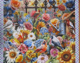 Panneau de tissu en coton vierge pour patchwork « Florinda » 61 x 112 cm, motif Francesco Moretti : oiseaux, papillons, fleurs magnifiques, arrosoir…