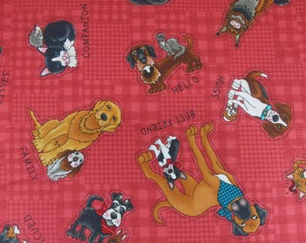 Dogs and Cats Cotton Fabric, Rescued and Loved, Plaid Print