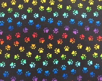 Timeless Treasures Cotton Fabric, Rainbow Paw Prints against Black Background, Pattern #CAT-C8586