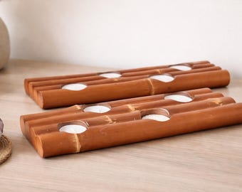 Set of 2 Bamboo Wood Tea Light Candle Holders – Rustic Farmhouse Table Centerpieces- Boho Spa Zen Aesthetic Decor