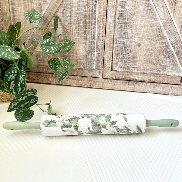 Magnolia Floral Wooden Decorative Rolling Pin. Rustic farmhouse kitchen decor. Tiered tray spring and summer decor. Sage green handles.