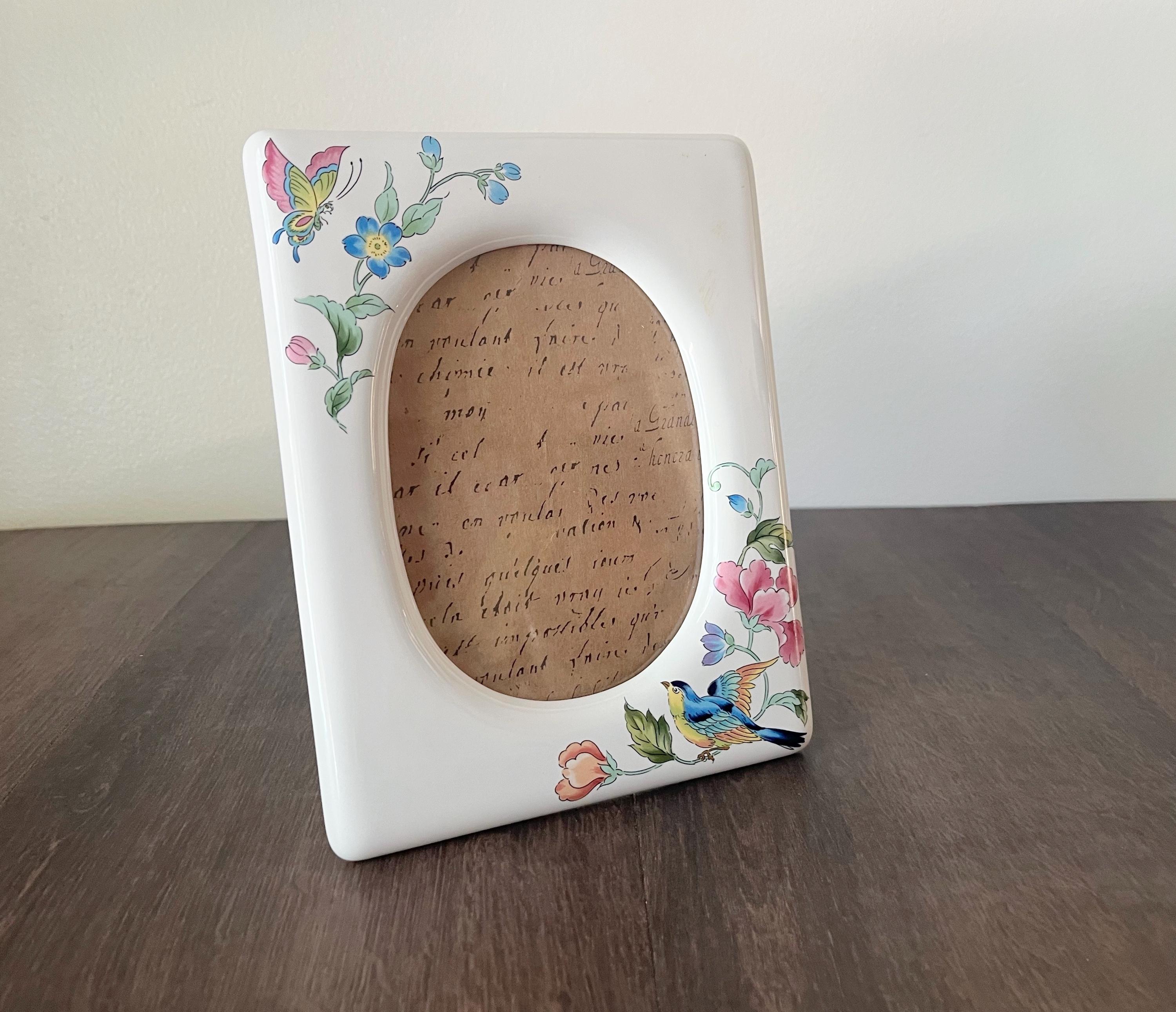 Vintage Rectangular Porcelain Picture Frame – Floral, Bird & Butterfly Design with Oval Cut Out. Made in Japan