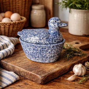 May include: A blue and white ceramic duck-shaped container with a basket weave design. The duck has a detailed head and sits atop a matching basket-style base. The container is on a wooden cutting board.