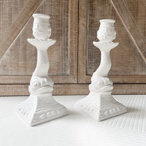 Set of 2 Vintage White Glass Koi Fish Candlestick Holders – Dolphin Design Sea Themed Taper Candle Holders – Coastal Decor Made in Portugal.