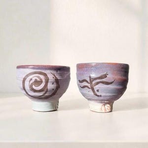 Colorful Studio Pottery Japanese Style Tea Cups Set of 2 – Mismatched Purple and Red Brushwork Stoneware – Wabi Sabi Matcha Cups.