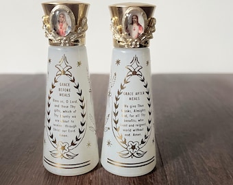 Vintage Religious Christian Salt and Pepper Shakers With Jesus & Mary - Meal time Grace Prayer - Frosted Glass Gold Accents. Used Cond.