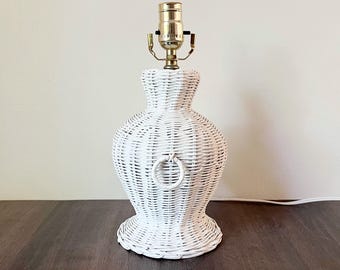 White Wicker Lamp Base – Painted White Natural Material Table Lamp – Vintage Cottage Boho – Rustic Charm, Natural, Rustic Condition.