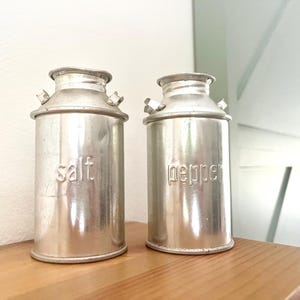 Vintage aluminum salt and pepper shakers . Milk bottle salt and pepper shaker rustic. Farmhouse country kitchen salt and pepper shakers.