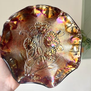 Antique Imperial Carnival Glass Bowl – Floral Pansy Design, Iridescent Amber Gold Purple Red Rainbow Sheen, Scalloped Ruffled Edge Dish.