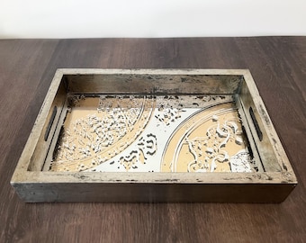 Gold & Silver Mercury Glass Mirror Tray – Ornate Vanity Perfume Trinket Tray with Handles – Vintage Style Aged Metallic Bathroom Caddy Decor